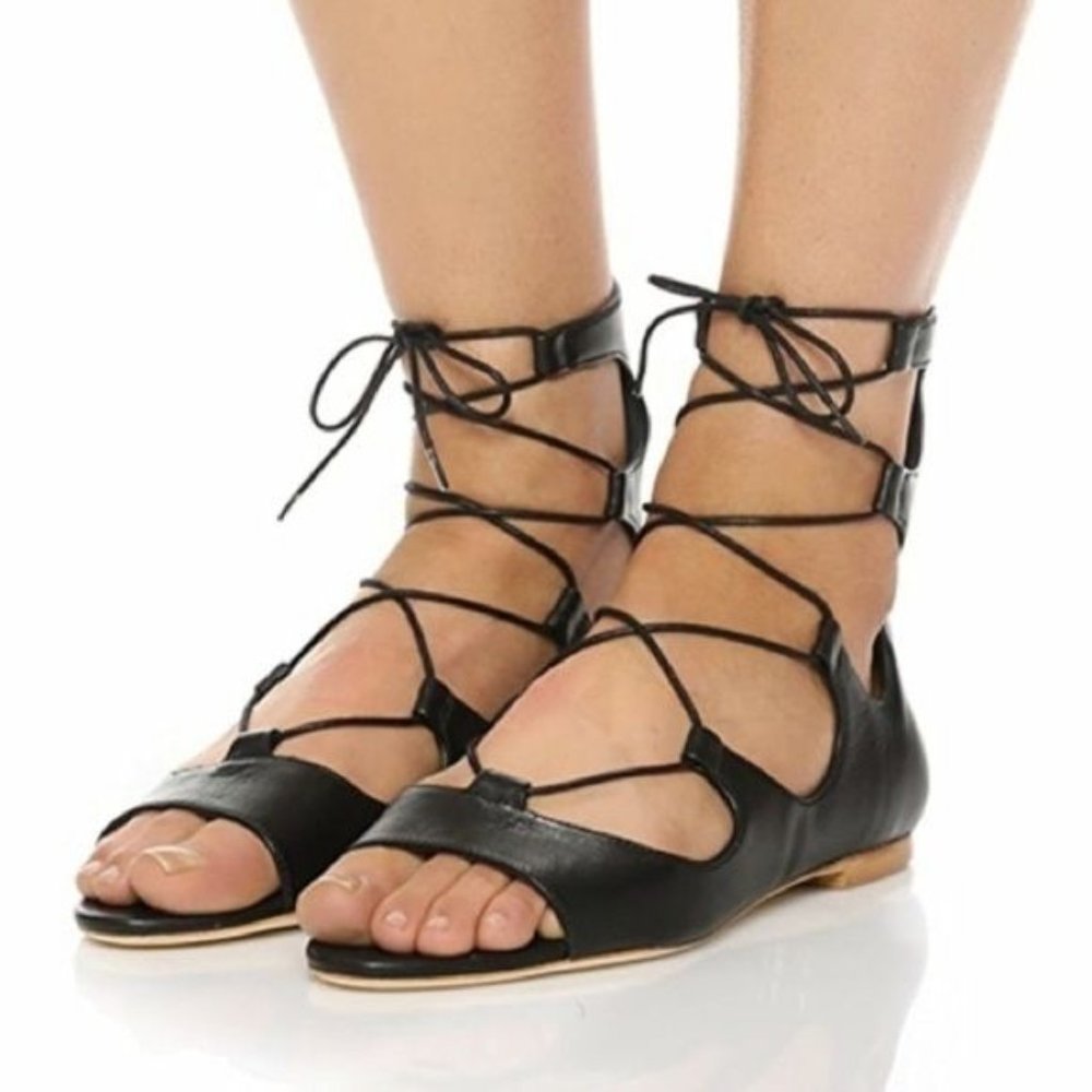 Loeffler Randall | ‘Dani’ Black Open Toe Back Zip Lace-up Leather Sandal Shoes